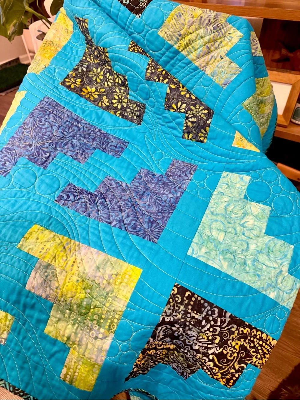 Quilted Patchwork Throw in Turquoise with Purple & Yellow Accents 72”x72”